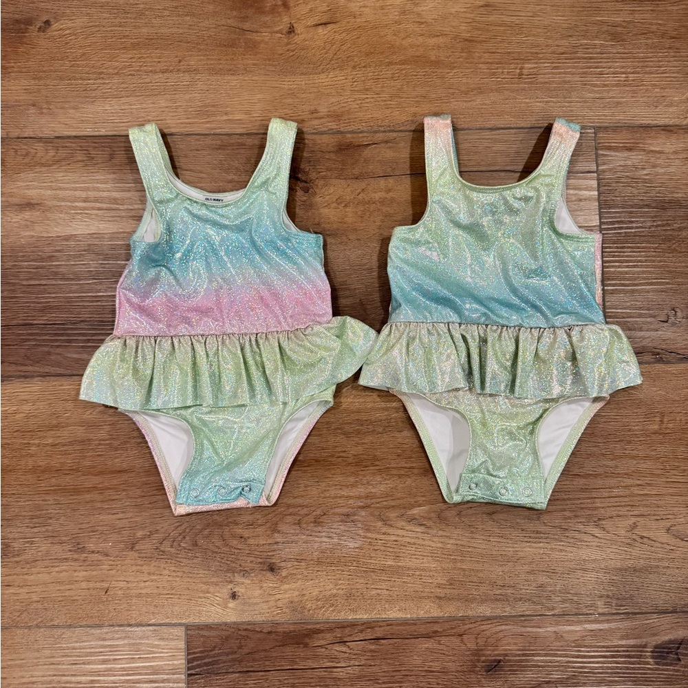 Twin Girls 6-12 Month Shimmer Pastel Ruffle One-Piece Swimsuit